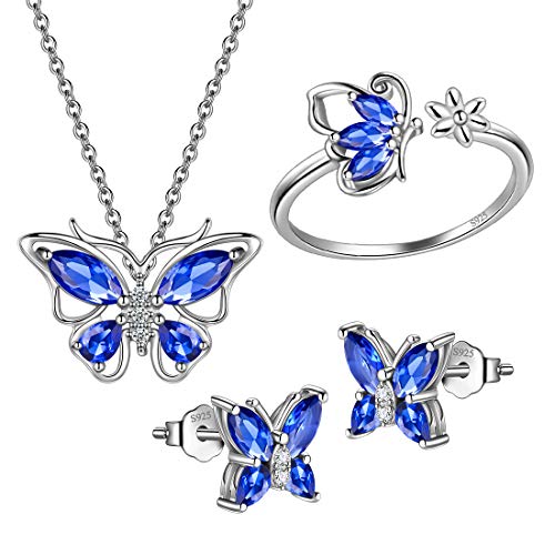 925 Sterling Silver Birthstone Butterfly Jewelry Women Crystal Animal Cute Butterflies Birthday Necklace/Earring/Ring/Bracelet Sets Birth Stone Statement Anniversary Jewellery - color: 2-I.September-Sapphire