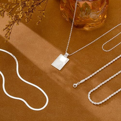 CHESKY Layered Silver Necklace for Women Trendy,Dainty Silver Plated Stackable Charm Necklace Layering Paperclip Tennis Rope Chain CZ Pendant Jewelry Set Gifts - style: Square