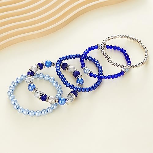 Noessla Beaded Pearl Stretch Bracelet Silver Stackable Crystal Beads Bracelets Trendy Costume Jewelry Mothers Day Gifts for Women - color: Sapphire