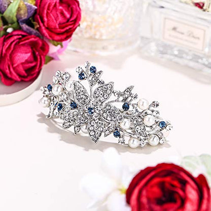 EVER FAITH Austrian Crystal Bridal Hibiscus Cream Simulated Pearl Hair Clip Barrette Blue Silver-Tone - color: Blue