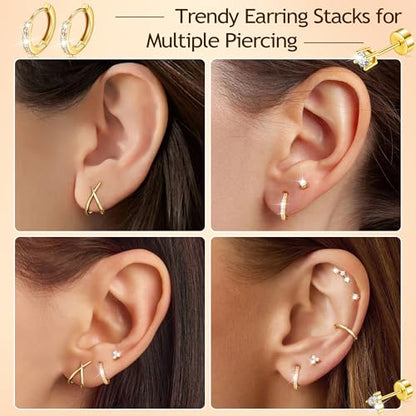 14K Gold Plated Hypoallergenic Stud Hoop Earrings Sets for Women | 7 Pairs Gold Earrings for Women Trendy, Cartilage Earring Lightweight Helix Lobe Tragus Conch Earrings for Women - color: 14K Gold Plated