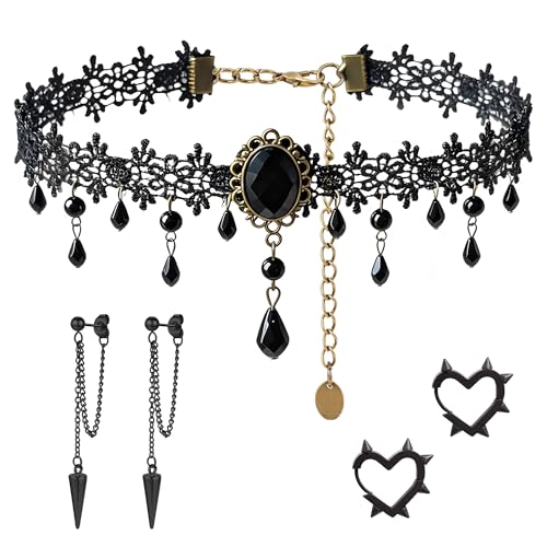 MOSTORY Gothic Accessories for Women, 3 Pcs Blakc Beaded Lace Choker Necklace Dangle Earrings Spike Heart Hoop Earrings Set for Goth Cosplay Witch Aesthetic Renaissance Renfaire Halloween