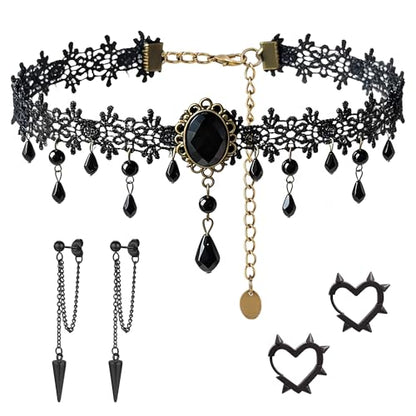 MOSTORY Gothic Accessories for Women, 3 Pcs Blakc Beaded Lace Choker Necklace Dangle Earrings Spike Heart Hoop Earrings Set for Goth Cosplay Witch Aesthetic Renaissance Renfaire Halloween