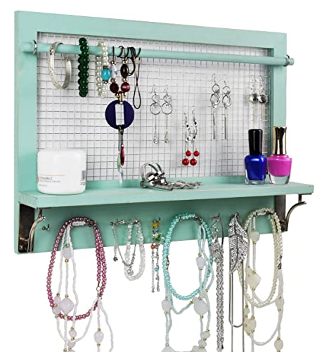 Jewelry Organizer, Wall Mount Jewelry Holder Rack with Hooks Shelf and Removable Rod Hanging Display Earrings Necklaces Bracelets Rings Storage Accessories Wood in Shabby Chic Turquoise - color: Shabby Chic Turquoise
