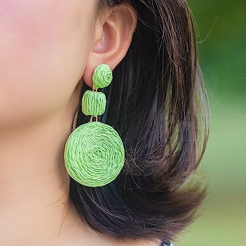 Statement Raffia Boho Round Dangle Ball Earrings - Cute Handmade Summer Bohemian Dangling Jewelry for Women - color: Lime Green