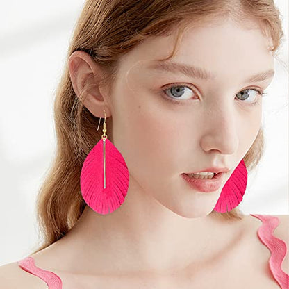 GBAHFY Feather Leather Layered Fringe Earrings for Women Boho Genuine Lightweight Leather Leaf Tassel Dangle Statement Earrings with Metal Bar - color: Rose Red