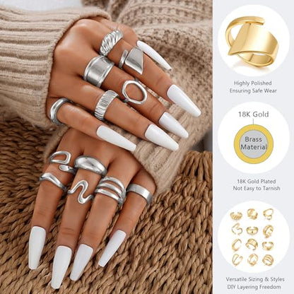 17 MILE Chunky Gold Stackable Rings for Women Non Tarnish, 18K Gold-Plated Statement Open Stacking Rings, Knuckle Band Ring Set - color: Silver Golor 12 Pcs