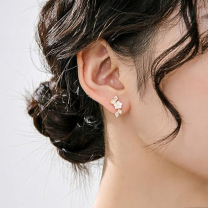 Stainless Steel Flower Pearl CZ Ear Crawler Earrings for Women, 1 Pair 16G Mother of Pearl Cubic Zirconia Screw Back Flat Back Stud Earrings, Dainty Sparkly Hypoallergenic Jewelry for Sensitive Ears - color: Silver