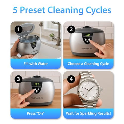 Magnasonic Ultrasonic Cleaner, 20oz Stainless Steel Tank, Digital Timer, 5 Cleaning Modes, w/ 8oz Gem & Jewelry Cleaner Concentrate Solution for All Jewelry, Eyeglasses, Watches, Dentures, Retainers - color: Silver, size: Ultrasonic Machine and Cleaning S
