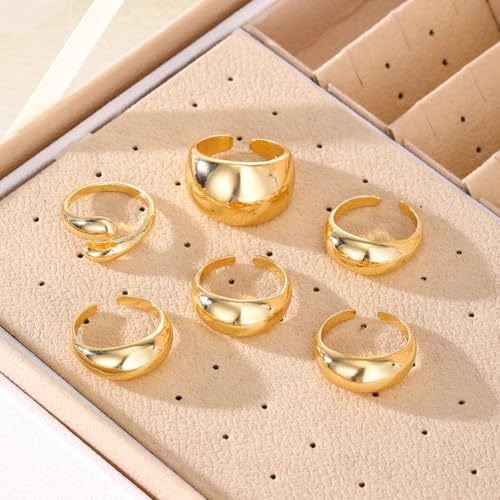 Chunky Rings for Women Non Tarnish 14k Stackable Dome Statement Rings Sets Vintage Dainty Knuckle Open Midi Finger Rings Jewelry Pack Gifts - style: 6PCS
