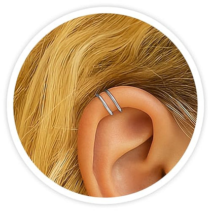 Fake Double Hoop Helix Piercing Ear Cuff - 14K Gold Filled, 925 Sterling Silver, Black Silver Ear Cuffs - Faux Helix Hoop Earring - Clip On Fake Piercing Jewelry - Ear Cuffs Non Piercing - color: 925 Silver