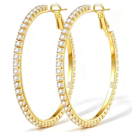 3mm 925 Sterling Silver Big Cubic Zirconia Hoop Earrings for Women Large Rhinestone Hoop Earrings 14K Gold Plated Hypoallergenic Lightweight 30mm/40mm/50mm/60mm - color: Gold-40mm