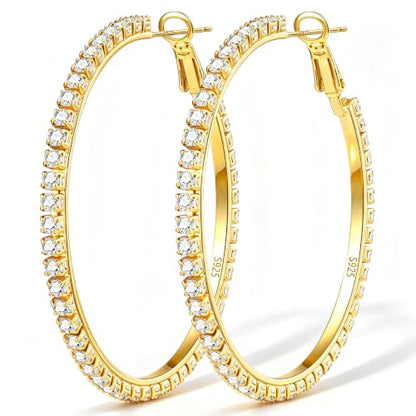 3mm 925 Sterling Silver Big Cubic Zirconia Hoop Earrings for Women Large Rhinestone Hoop Earrings 14K Gold Plated Hypoallergenic Lightweight 30mm/40mm/50mm/60mm - color: Gold-40mm