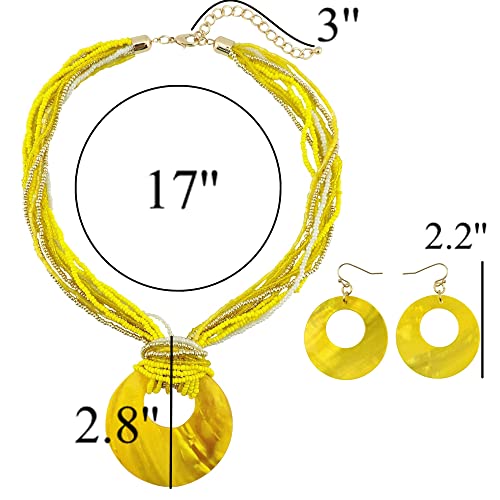 Coiris Multi Strand Statement Colorful Beaded Necklace with Big Circle Shell Pendant for Women - color: Yellow