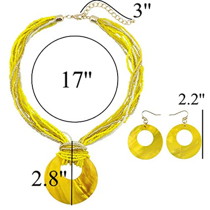 Coiris Multi Strand Statement Colorful Beaded Necklace with Big Circle Shell Pendant for Women - color: Yellow