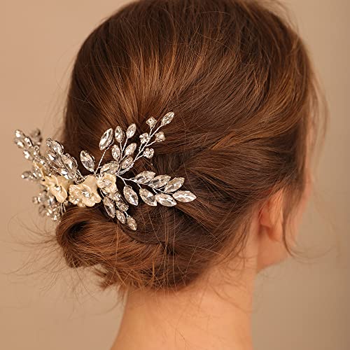Bridal White Flower Blue Crystal Rhinestone Hair Comb for Bride Bridesmaid Sliding side Headpieces Wedding Hair Accessories for Women and Girls (Blue) - color: Blue