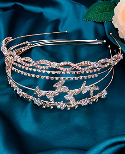 Wecoe 4 Pack AB Rhinestone Headbands Rose Gold Metal Headbands Flower Girl Bridal Wedding Headband Crystal Headpieces Flower Leaf Butterfly Headband Formal Hair Accessories For Women Girls Gifts - color: Rose gold band & AB rhinestones