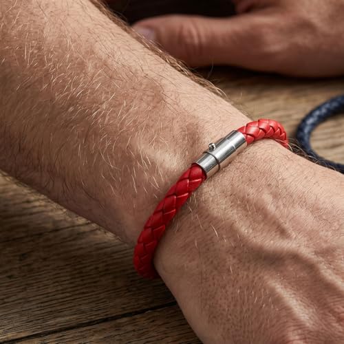Faux Leather Braided Rope Bracelet, Cylindrical Plug In Clasp Solid Red Thread Hand Chain Unisex Casual Wristband - color: Red