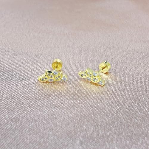 Crystal Leaf Cartilage Tiny Stud Earrings Stainless Steel Cubic Zirconia Leaves Flower Screw Flat Back Tragus Helix Studs Earring for Women Girls Men Dainty Jewelry Gifts 18G - color: Gold