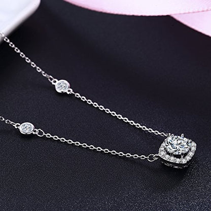 SBLING Platinum Plated Cubic Zirconia/Austrian Crystal Cushion Shape Halo Pendant Necklace/Earrings - color: Fixed pendant-Cubic Zirconia