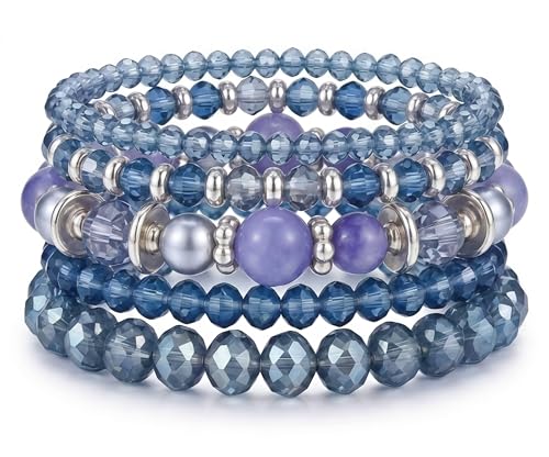 LOTSOF Boho Multilayer Beaded Bracelets Set for Women - Vintage Gold & Brown Stackable Stretch Bracelets, Bohemian Handmade Jewelry for Daily Style & Gifting - color: Blue