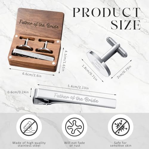 Colingmill Father of the Bride Gift Dad of the Bridegroom Cufflinks Tie Clip Set with Engraved Wood Gift Box for Dad - style: Father of the Bride, First