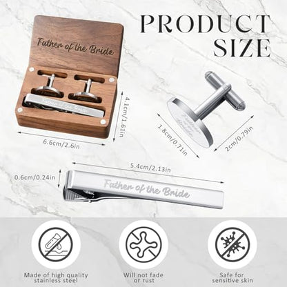 Colingmill Father of the Bride Gift Dad of the Bridegroom Cufflinks Tie Clip Set with Engraved Wood Gift Box for Dad - style: Father of the Bride, First