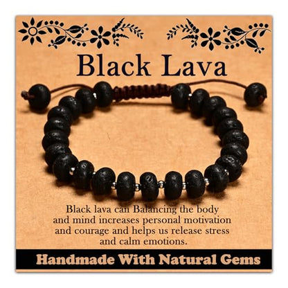 468Handmade Adjustable Natural Gemstone Crystal Bracelet Healing Power Energy Inspirational Gifts with Card for Unisex - color: 06-Black Lava(Solidify Belief), size: 5x8mm