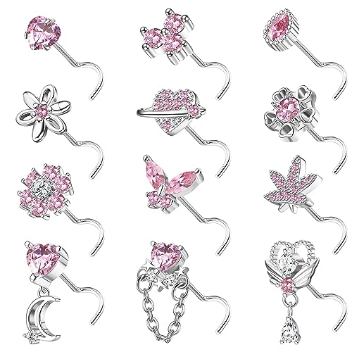 Sanfenly 12 PCS 20G Nose Rings Surgical Stainless Steel, L Shaped Nose Studs for Women Men, CZ Heart Butterfly Flower Leaf Moon Dangle Cute Nose Piercings Studs Screw Jewelry Pink/Purple/Blue/Clear - color: Screw Pink