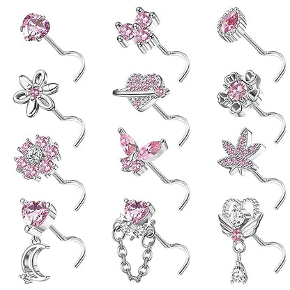 Sanfenly 12 PCS 20G Nose Rings Surgical Stainless Steel, L Shaped Nose Studs for Women Men, CZ Heart Butterfly Flower Leaf Moon Dangle Cute Nose Piercings Studs Screw Jewelry Pink/Purple/Blue/Clear - color: Screw Pink