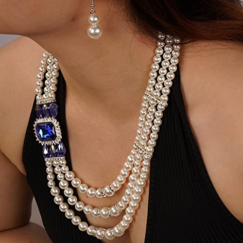 Aimimier 1920s 3-layered White Faux Pearl Necklace and Earrings Set with Crystal and Rhinestone Bridal Long Pearl Necklace Statement Women Jewelry - color: Royal blue