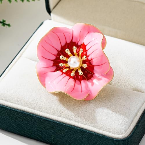 NewZenro Elegant Large Flower Statement Rings for Women Gold-Tone Plated Danity Enamel Faux Pearl Big Floral Adjustable Open Wrap Finger Rings Comfort Fit Wedding Promise Fashion Jewelry - color: Pink