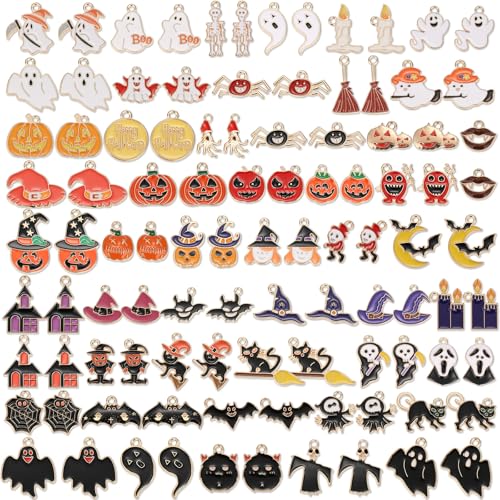 100Pcs 50 Pairs Halloween Charms for Jewelry Making and Bracelets, Gold Enamel Jewelry Pendants for Halloween Earring Bracelet Necklace Craft Making - style: Halloween Charms
