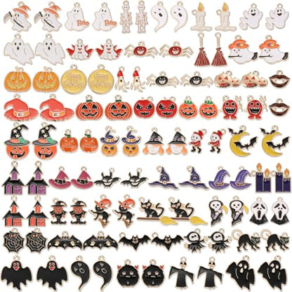 100Pcs 50 Pairs Halloween Charms for Jewelry Making and Bracelets, Gold Enamel Jewelry Pendants for Halloween Earring Bracelet Necklace Craft Making - style: Halloween Charms