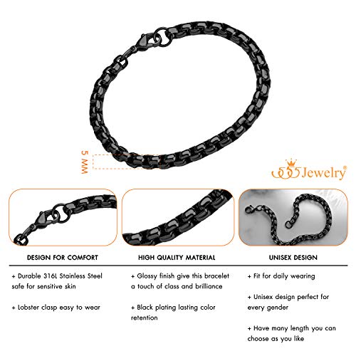555Jewelry 5mm Stainless Steel Box Chain Bracelet for Men & Women, 6.5 to 9 Inch - color: Black