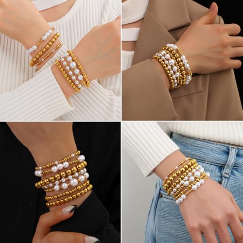 KISS WIFE Gold Beaded Bracelets for Women, Stackable Stretch Bracelet Set | 13 stretch bracelets combine polished gold-tone beads and faux pearls for stacked or individual everyday styling. - color: Gold Stainless Steel
