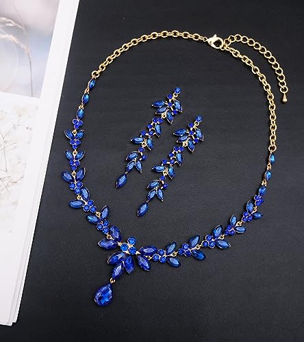 CSY Elegant Bridal Jewelry Sets Wedding Prom Homecoming Gown Accessories | Austrian Marquise Crystal Wedding Necklace Dangle Earrings Tennis Bracelet Ring Set for Bride Women Costume Accessories - color: royal blue-gold tone