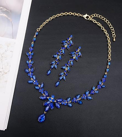 CSY Elegant Bridal Jewelry Sets Wedding Prom Homecoming Gown Accessories | Austrian Marquise Crystal Wedding Necklace Dangle Earrings Tennis Bracelet Ring Set for Bride Women Costume Accessories - color: royal blue-gold tone