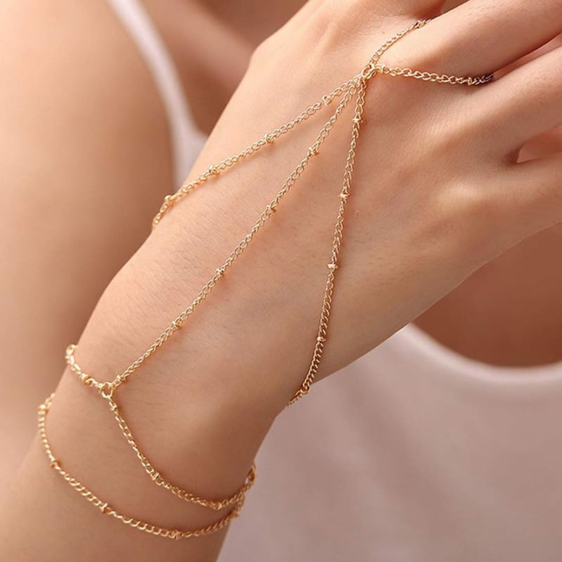 Vivian&CD Trendy Gold Hand Chain Bracelet for Women, 14k Gold Plated Dainty Ring Bracelet, Hypoallergenic Finger Nail Bracelet with Zircon Sequins or Satellite Chain - Elegant Jewelry Gift for Women - style: Gold Layering