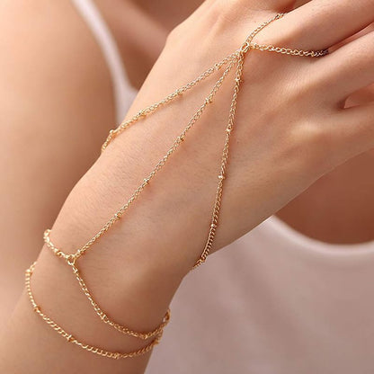 Vivian&CD Trendy Gold Hand Chain Bracelet for Women, 14k Gold Plated Dainty Ring Bracelet, Hypoallergenic Finger Nail Bracelet with Zircon Sequins or Satellite Chain - Elegant Jewelry Gift for Women - style: Gold Layering