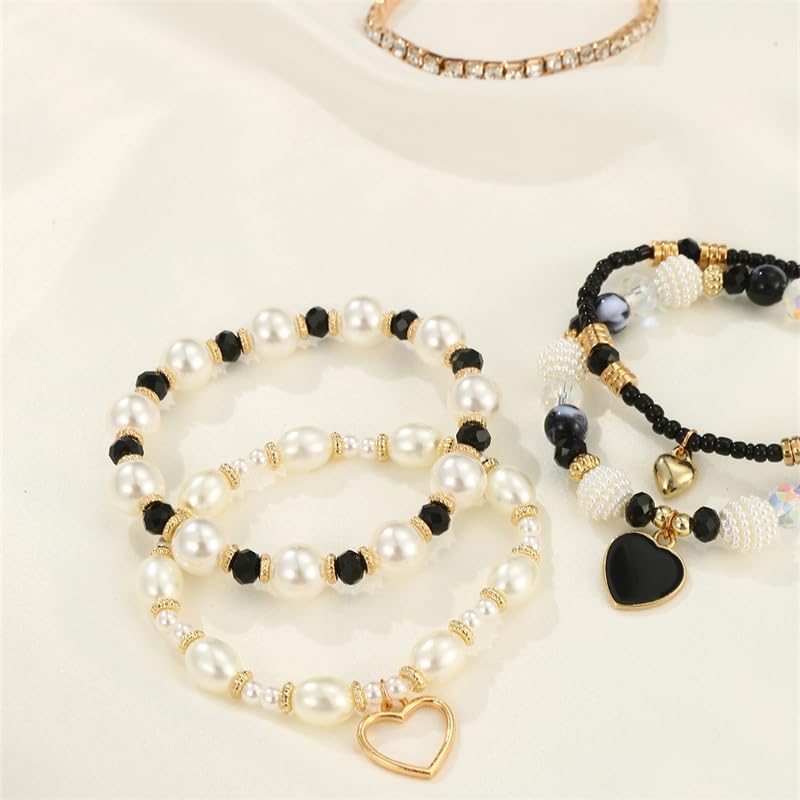 Pingyongchang Bohemian Stackable Beaded Bracelets Set for Women Multicolor Stretch Faux Pearl Heart Crystal Stretchy Bangles Multilayered Handmade Friendship Holiday Beach Jewelry Mother's Day Gifts - color: Black