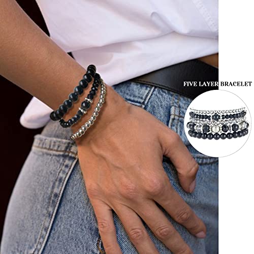 Noessla Beaded Pearl Stretch Bracelet Silver Stackable Crystal Beads Bracelets Trendy Costume Jewelry Mothers Day Gifts for Women - color: Black
