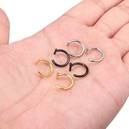 14G T Shaped Stainless Steel Gothic Clip on Non piercing Double Fake Cuff Lip Nose Ring Septum Hoop Women Men 6pcs - color: 6PCS - Mix Color 1#