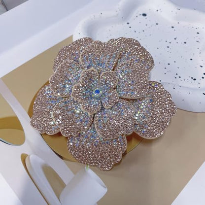 Rhinestone Flower Brooch Pin for Women Men Elegant Sparkly Crystal Camellia Floral Lapel Pins Shawl Dress Suit Clothes Accessories Wedding Party Fashion Jewelry 105mm - color: Champagne AB