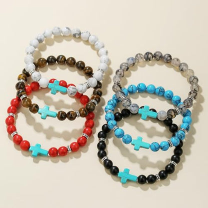 Beaded Bracelets Cross Bracelet for Women Men Lava Rock Turquoise Tiger Eye Natural Bracelet Anxiety Healing - color: 6 Pcs- green cross