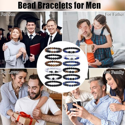 Giovanchi 4-12PCS Bracelets for Men, 8MM Mens Bracelets Lava Rock Black Obsidian Howlite Tiger Eye Beaded Natural Stone Bracelet Jewelry Gifts for Birthday Christmas - style: 12Pcs G