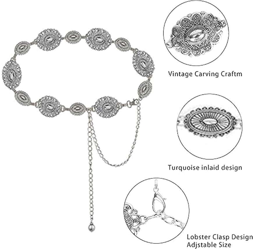 Women Western Concho Chain Belt - Fashion Gold Metal Waist Cowgirl Belt for Dresses Jeans - color: Silver