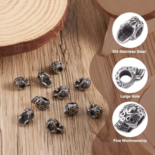 Elecrelive 10Pcs Halloween Skull Beads Skeleton Skull Head Stainless Steel Beads Large Hole Bracelet Charms for Gothic Necklace Bracelets Earrings Jewelry Making - color: Steel Color-10pcs