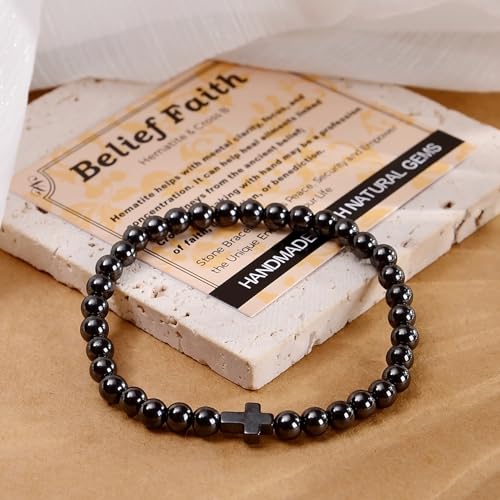 MASSIVE BEADS Handmade Yoga Stretch Elastic Bracelet Natural Stone Crystal Healing Power Energy Gifts for Unisex Adult 4mm 6mm 8mm 10mm - color: BELIEF FAITH(Hematite and Cross B), size: 6mm