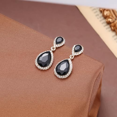 EVER FAITH Women's Austrian Crystal Wedding Tear Drop Dangle Earrings | Bridal Prom Jewelry for Bride Bridesmaid - color: Black Gold-Plated-Base